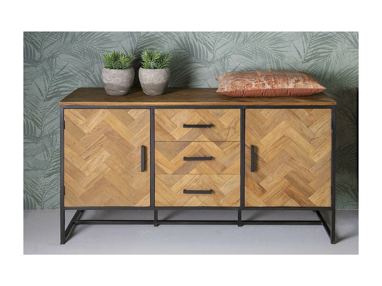 BIARRITZ-Buffet 145 cm en Teck massif et métal noir