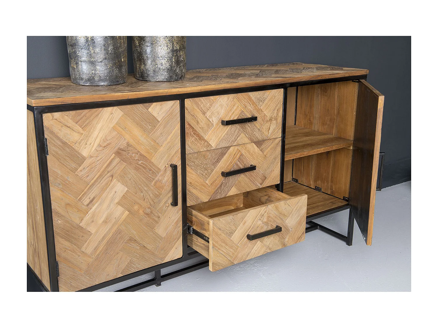 BIARRITZ-Buffet 145 cm en Teck massif et métal noir