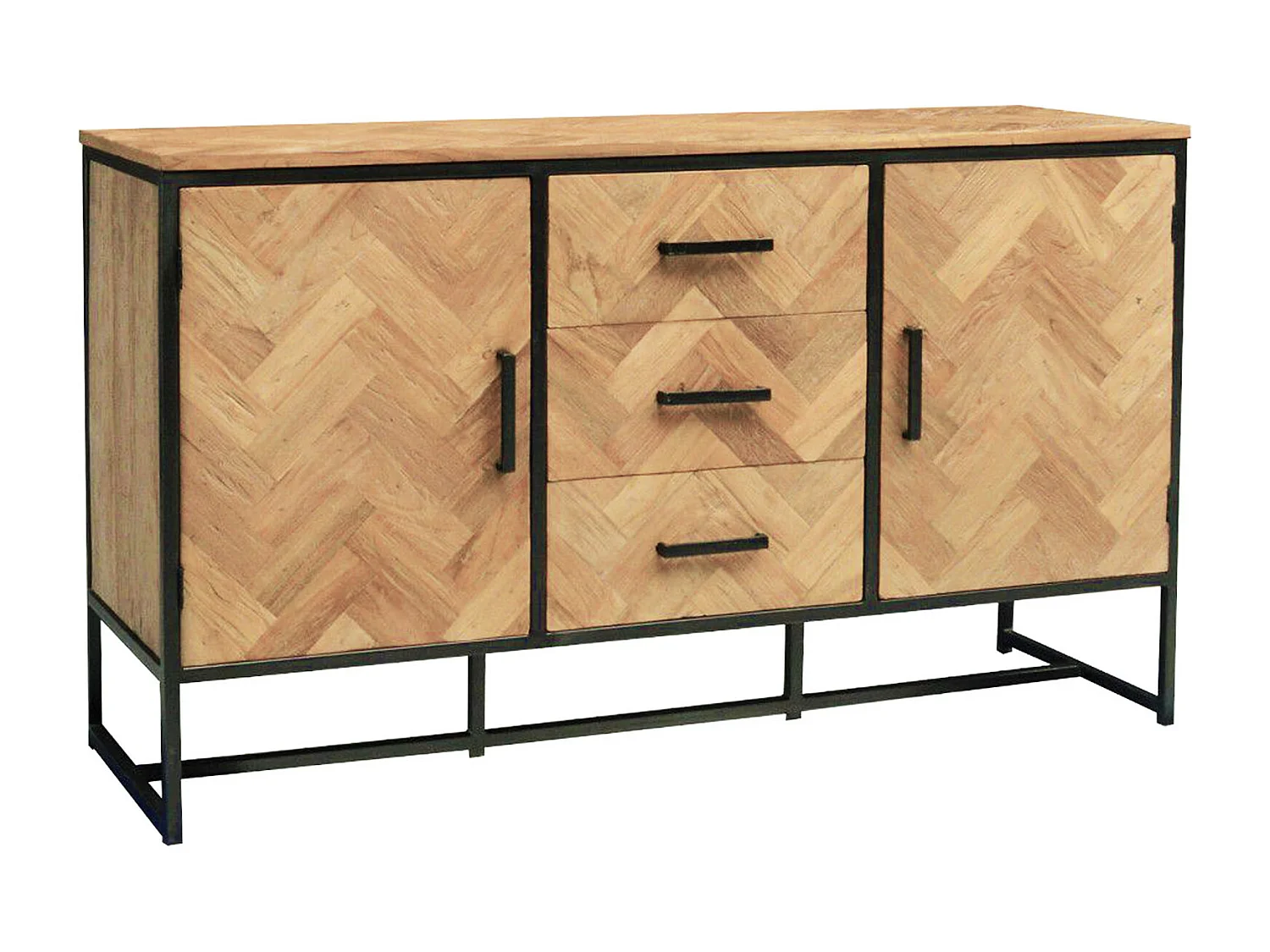 BIARRITZ-Aparador 2 puertas 3 cajones L145cm en Teca maciza y metal negro