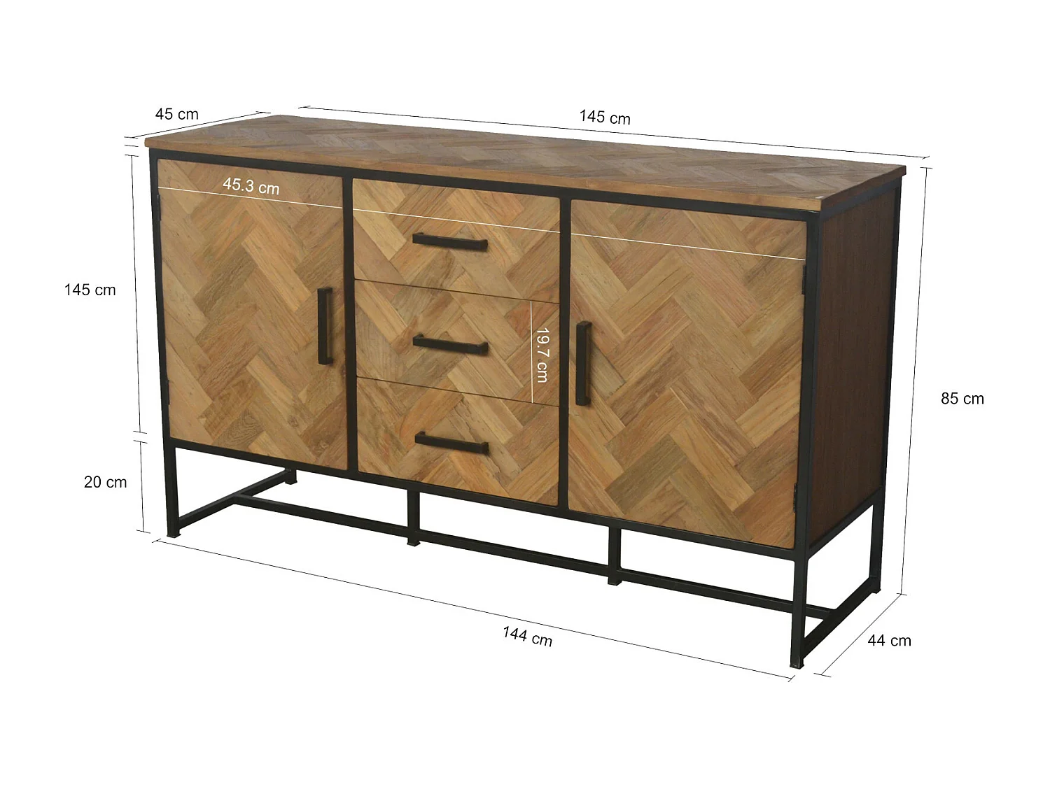 BIARRITZ-Aparador 2 puertas 3 cajones L145cm en Teca maciza y metal negro