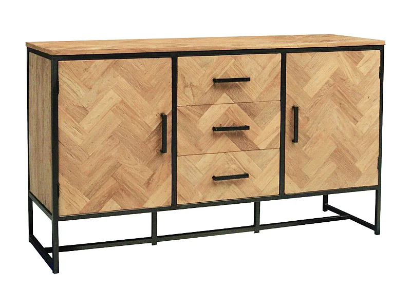 BIARRITZ-Aparador 2 puertas 3 cajones L145cm en Teca maciza y metal negro