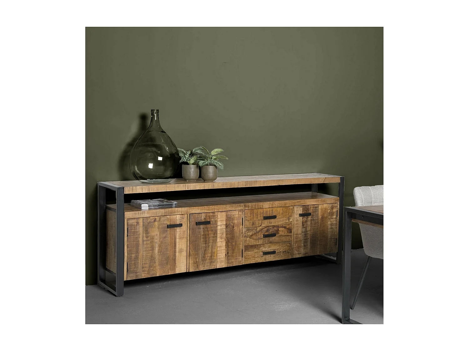 DACCA-Buffet 210 cm en bois massif et métal noir