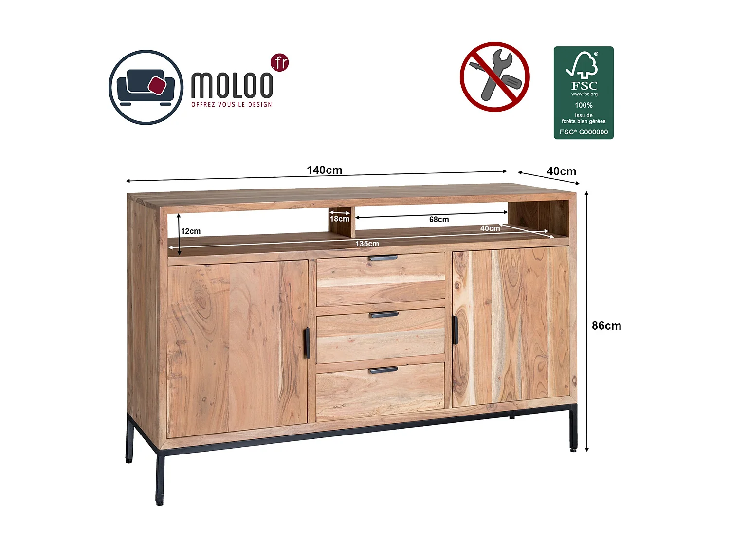URBAN-Buffet 140 cm en bois massif