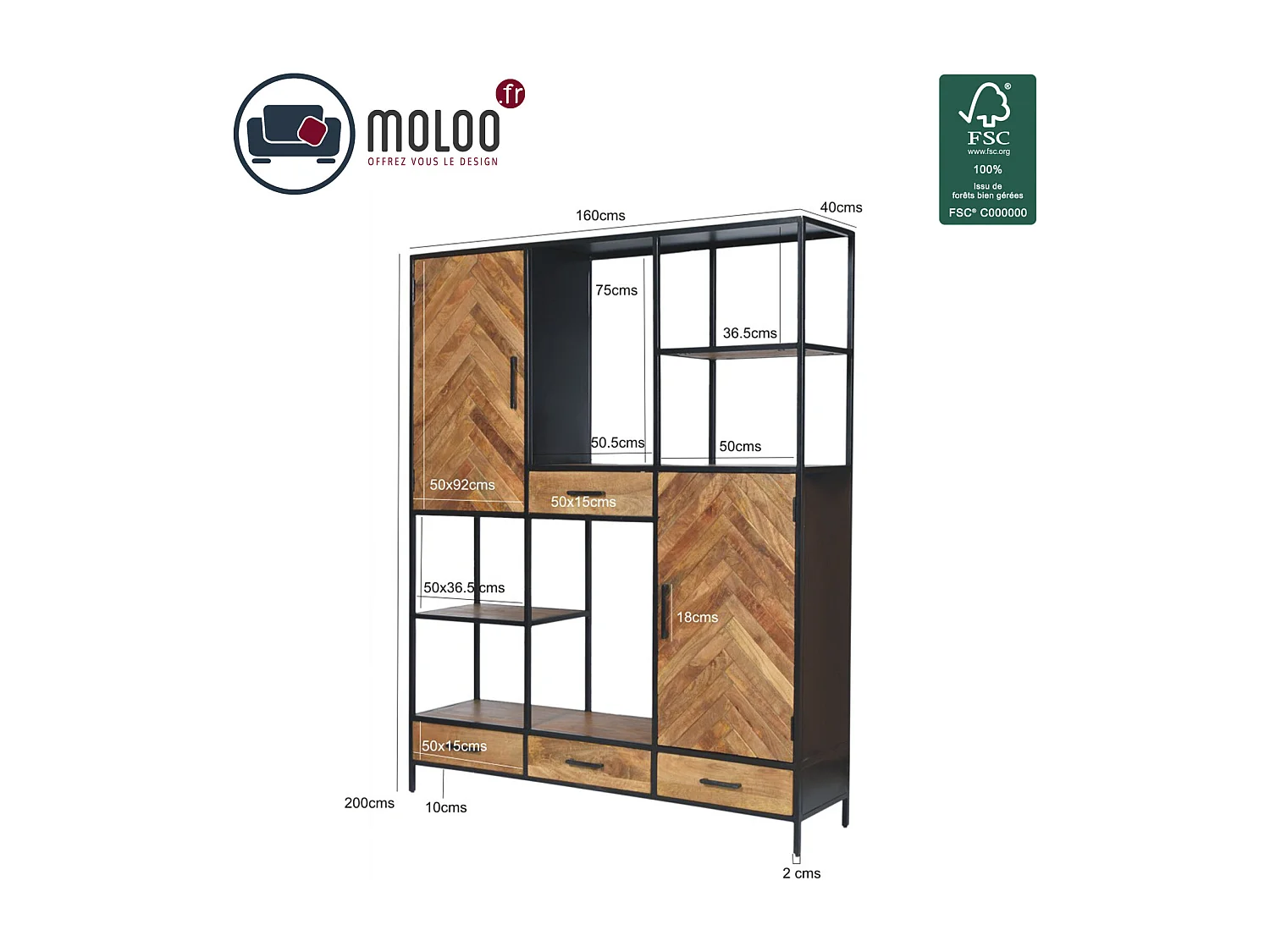 MADRAS-Etagère H200 cm en bois massif et métal