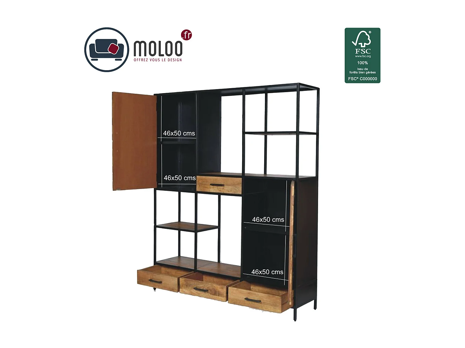 MADRAS-Etagère H200 cm en bois massif et métal