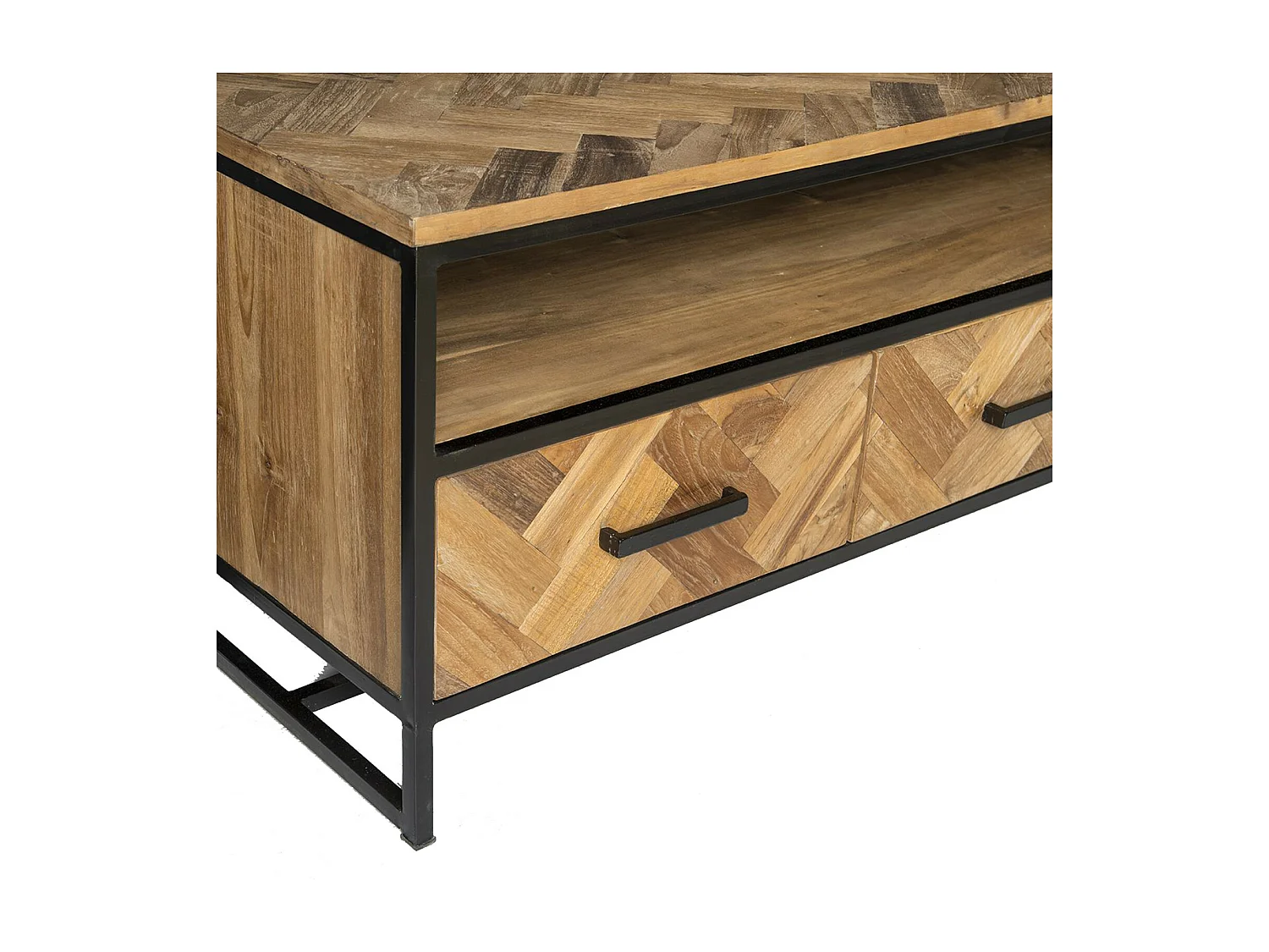 BIARRITZ-Meuble TV 3T L.150 cm, Teck massif et métal noir