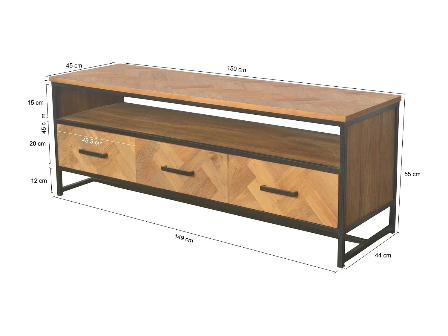 BIARRITZ-Meuble TV 3T L.150 cm, Teck massif et métal noir