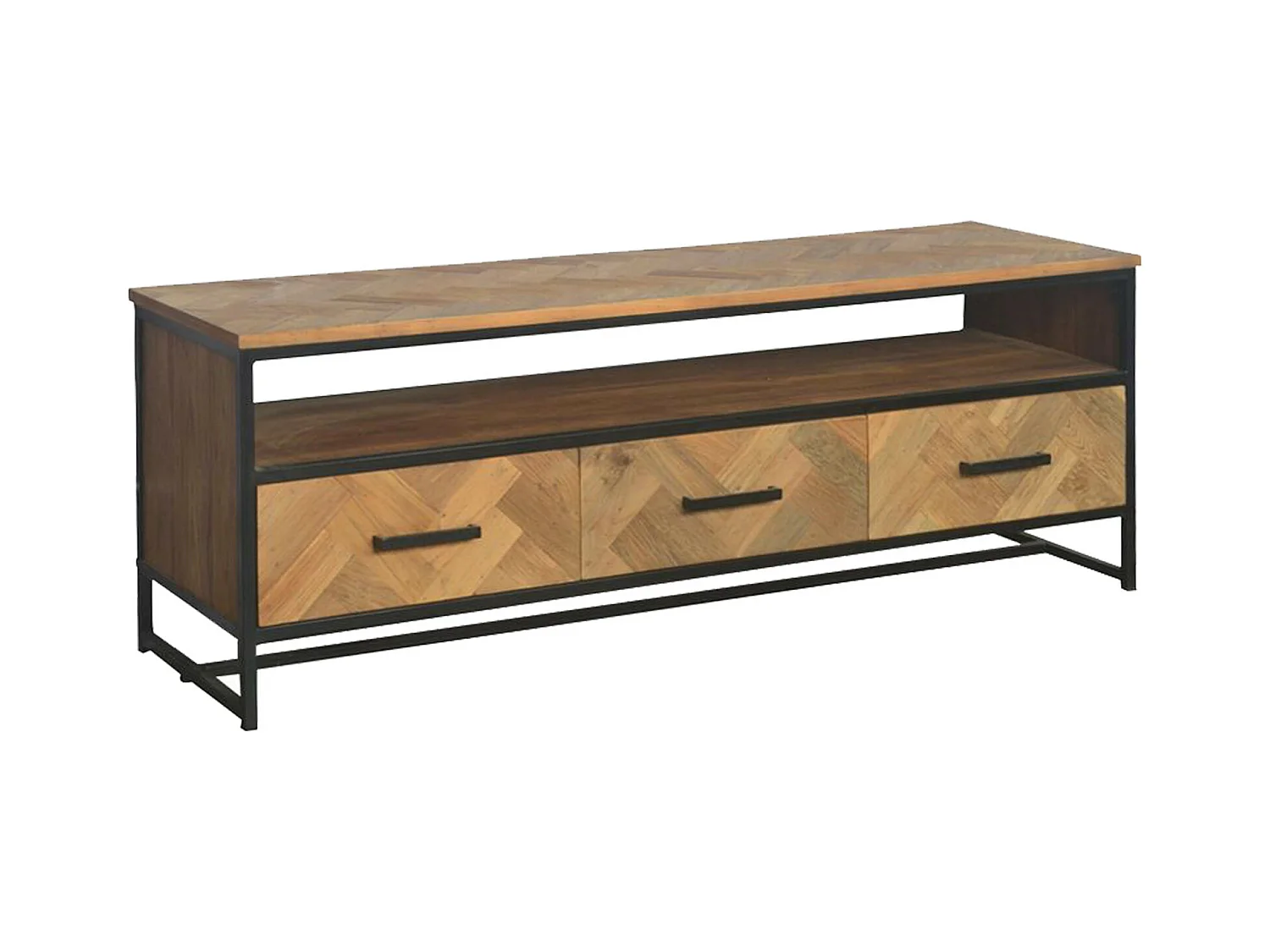 BIARRITZ-Mueble TV 3T L.150 cm, teca maciza y metal negro