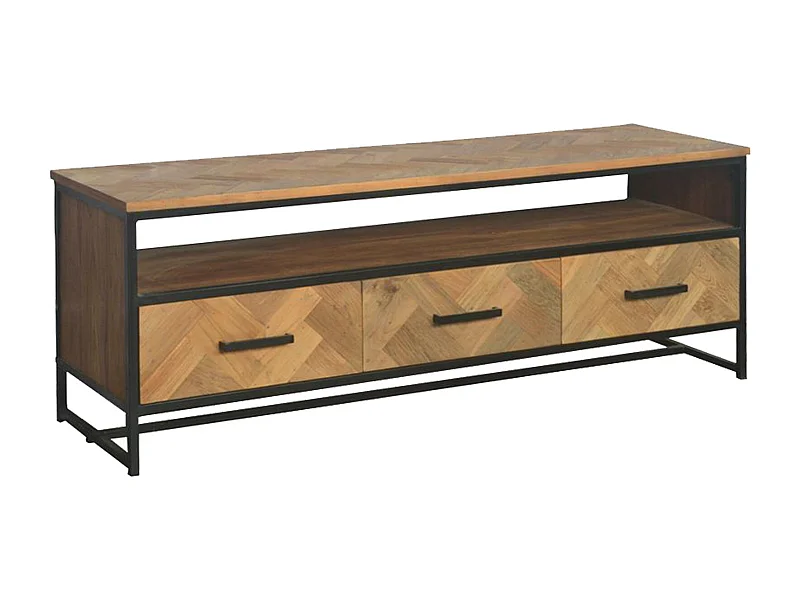 BIARRITZ-Mueble TV 3T L.150 cm, teca maciza y metal negro