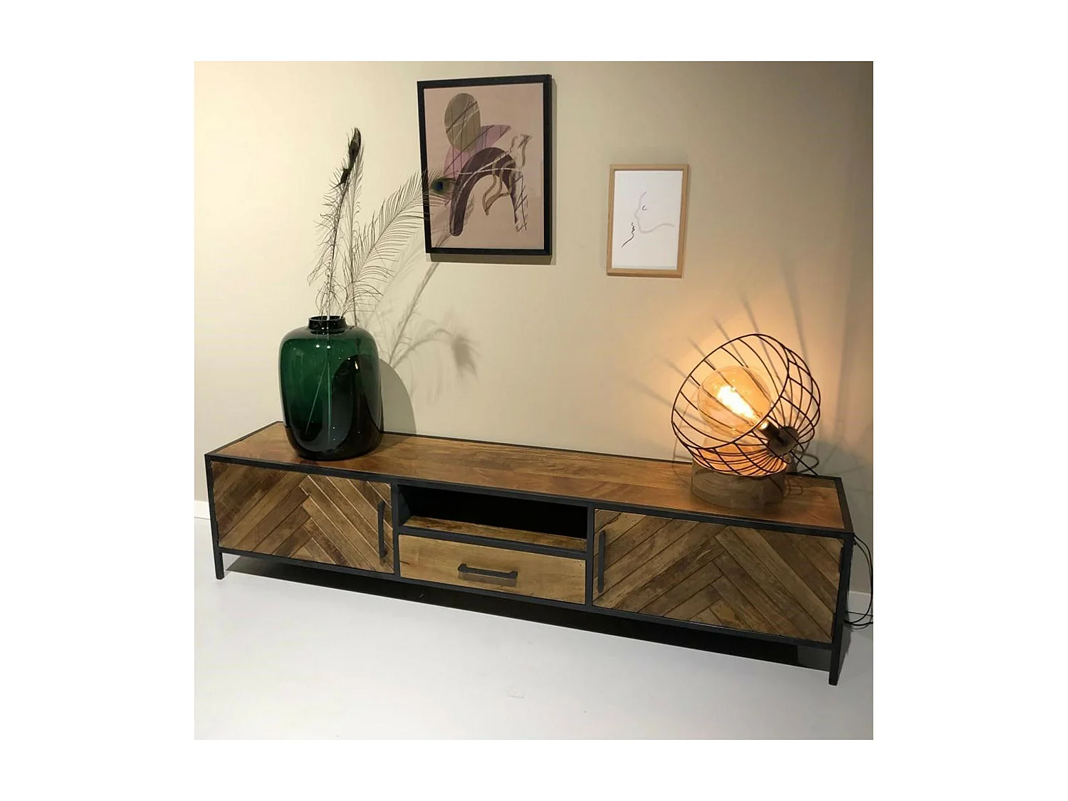 MADRAS-Meuble TV 200 cm en bois massif et métal