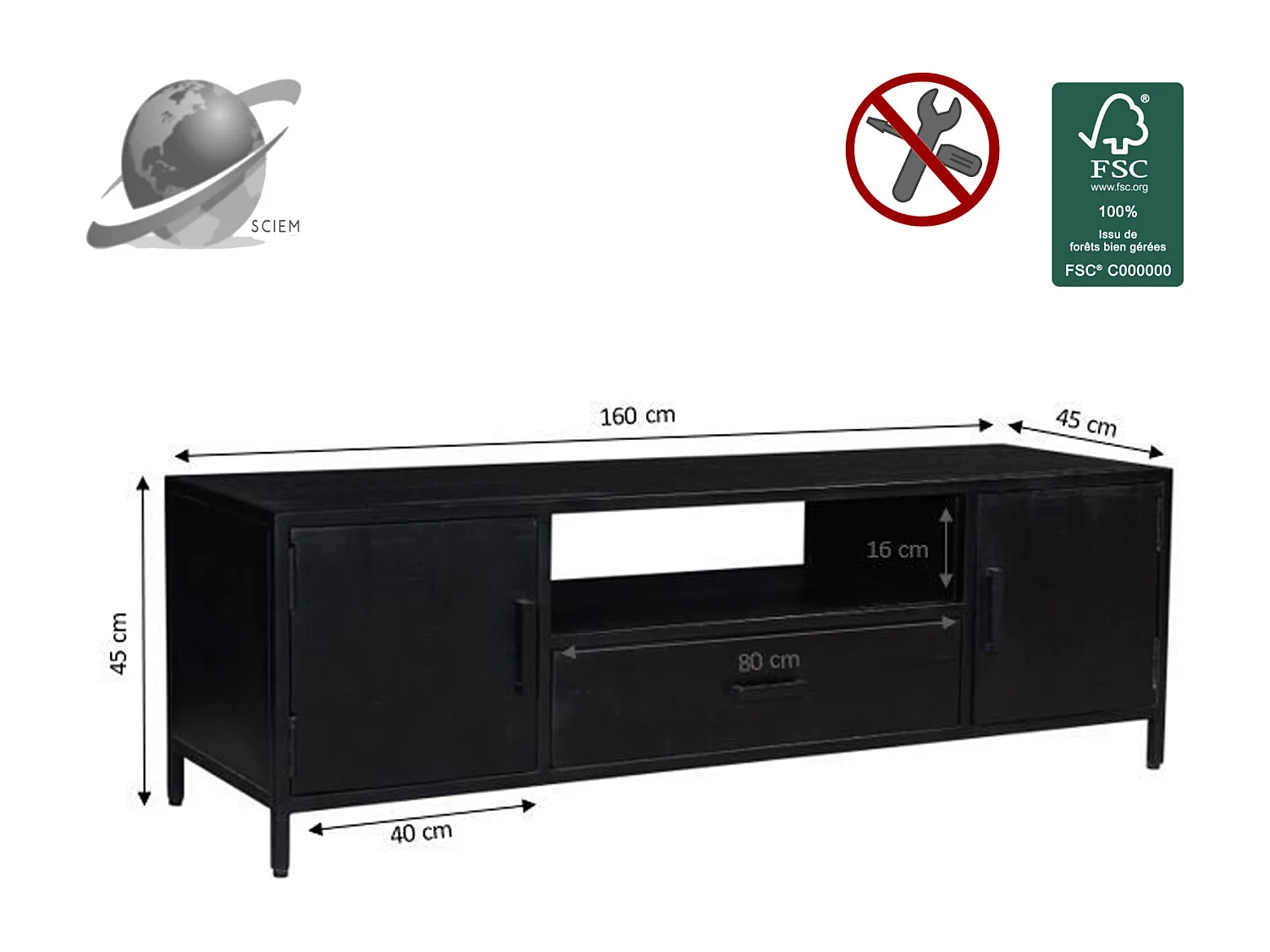 UZES-Meuble TV 160 cm en bois massif noir et métal