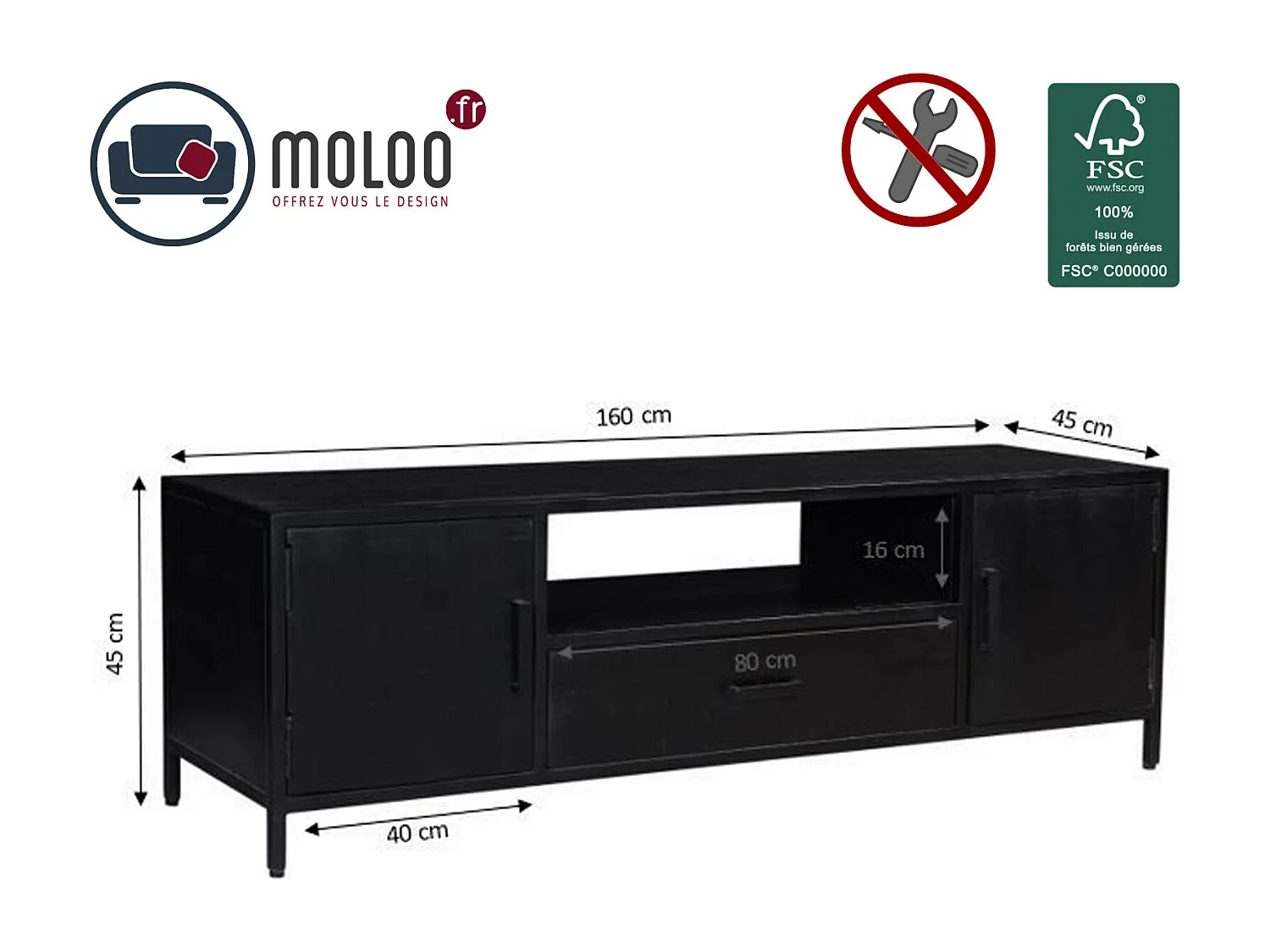 UZES-Mueble de TV de 160 cm en madera maciza negra y metal