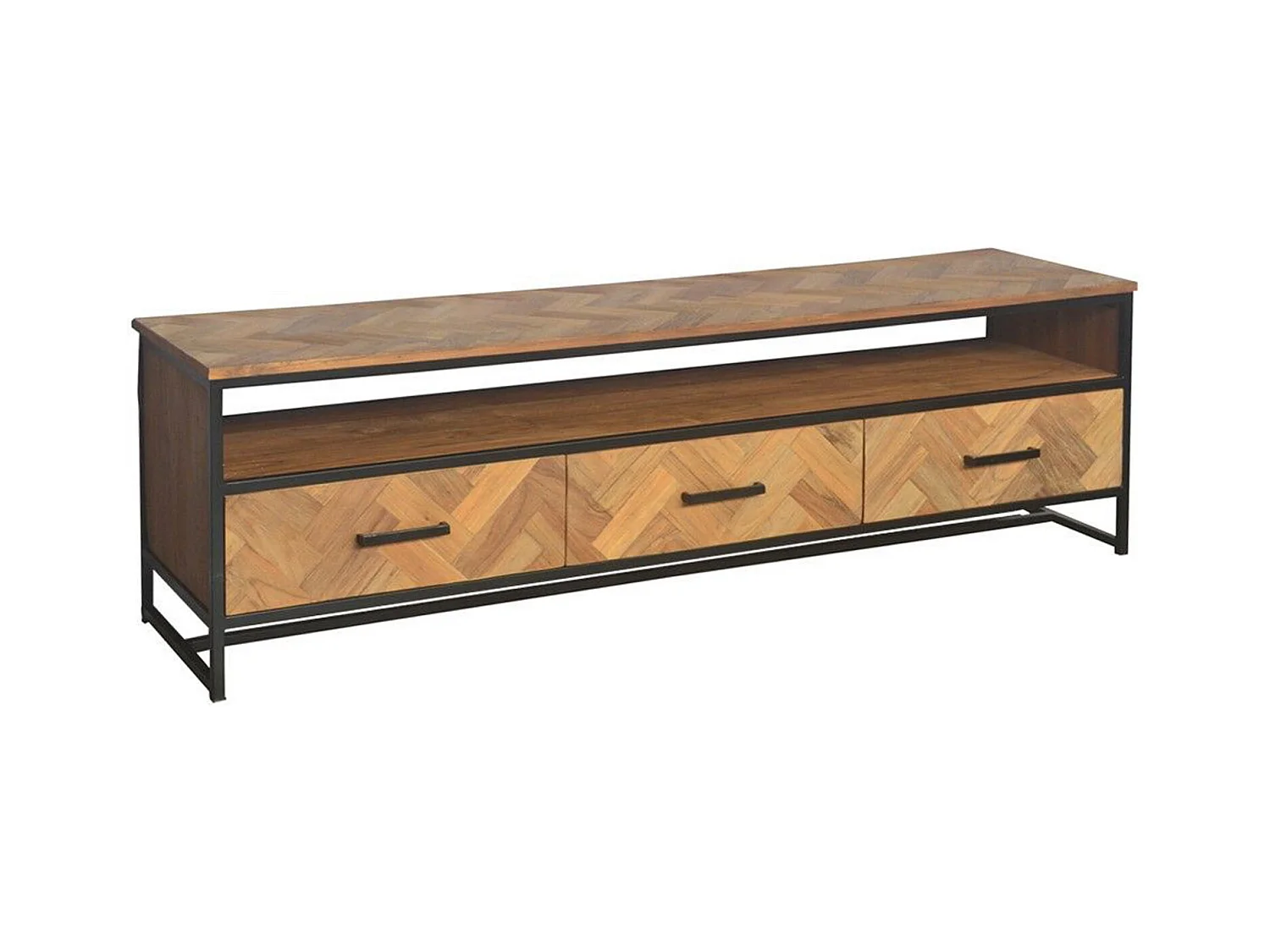 BIARRITZ-Mueble TV con 3 cajones L 180 cm en teca maciza y metal negro