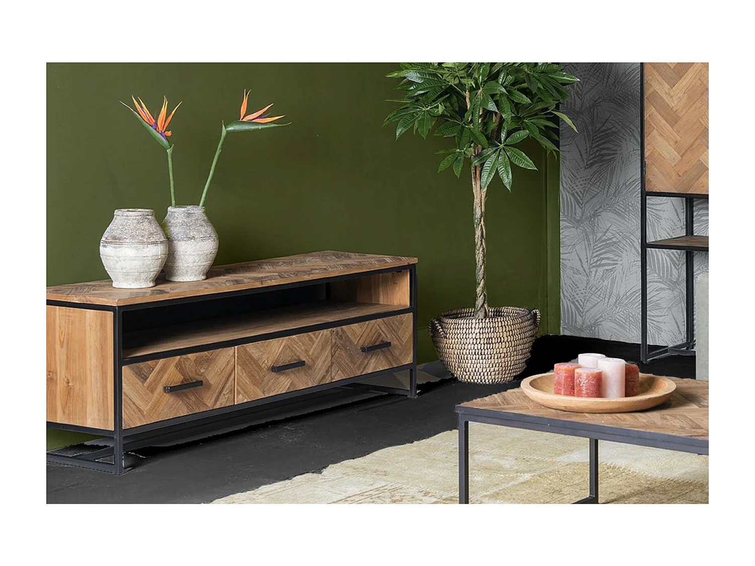 BIARRITZ-Meuble TV 3 tiroirs L180cm en Teck massif et métal noir