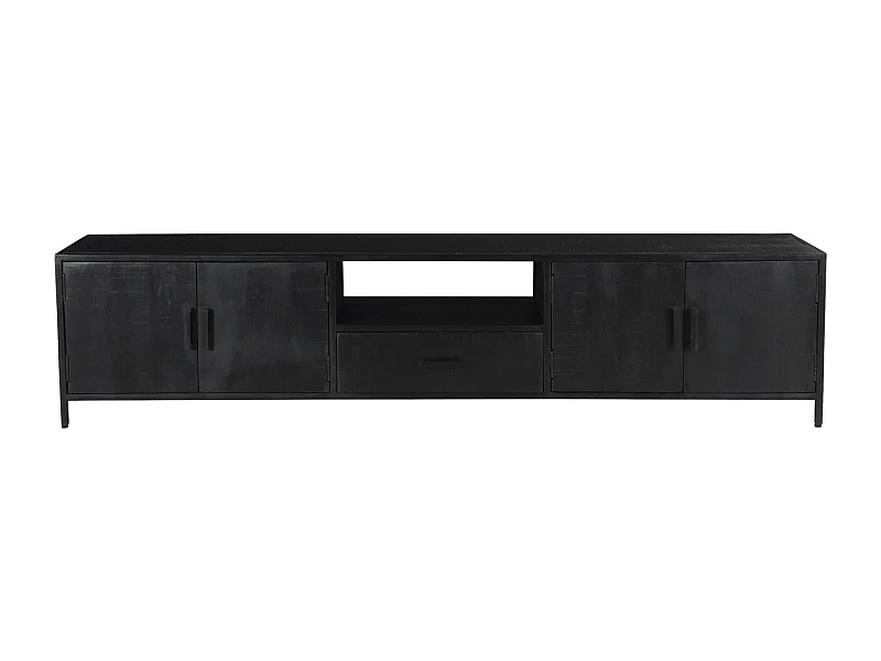 UZES-Mueble de TV de 220 cm en madera maciza negra y metal.
