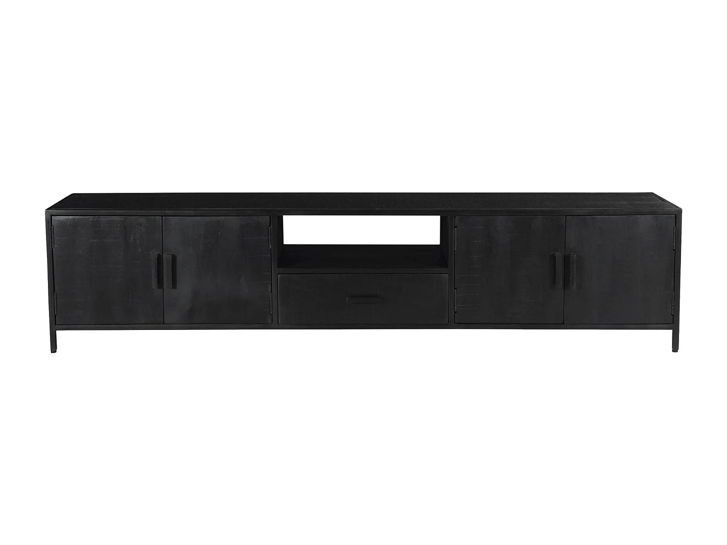 UZES-Meuble TV 220 cm en bois massif noir et métal