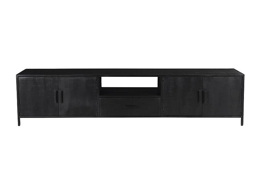 UZES-Meuble TV 220 cm en bois massif noir et métal