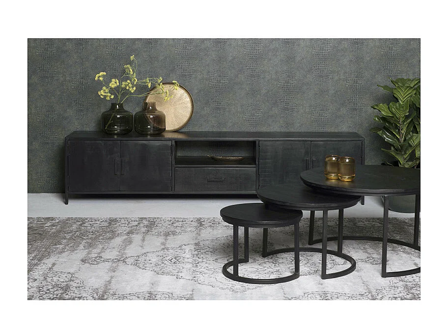 UZES-Meuble TV 220 cm en bois massif noir et métal