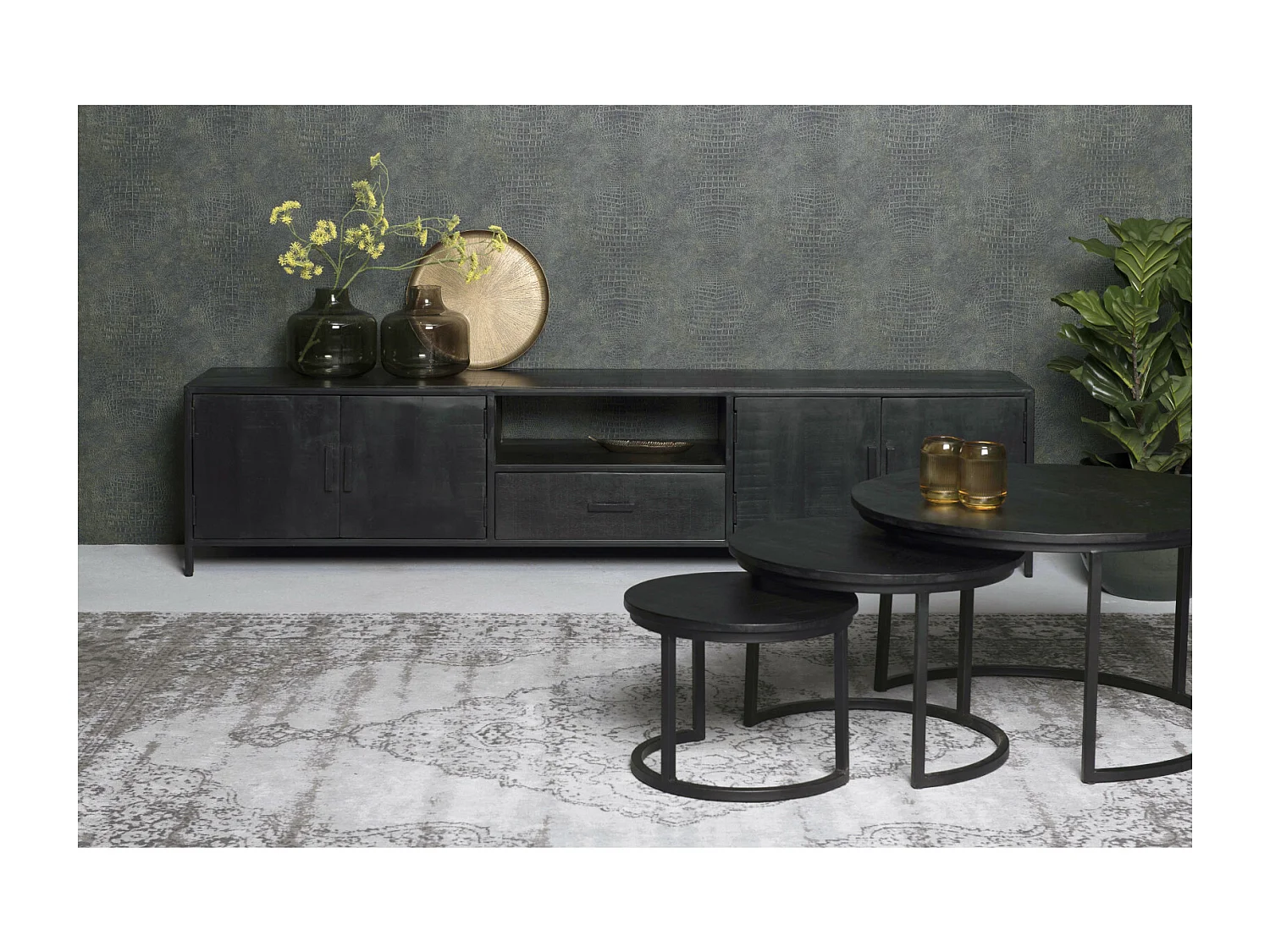 LUZ-Set de 3 Tables basses en bois massif noir