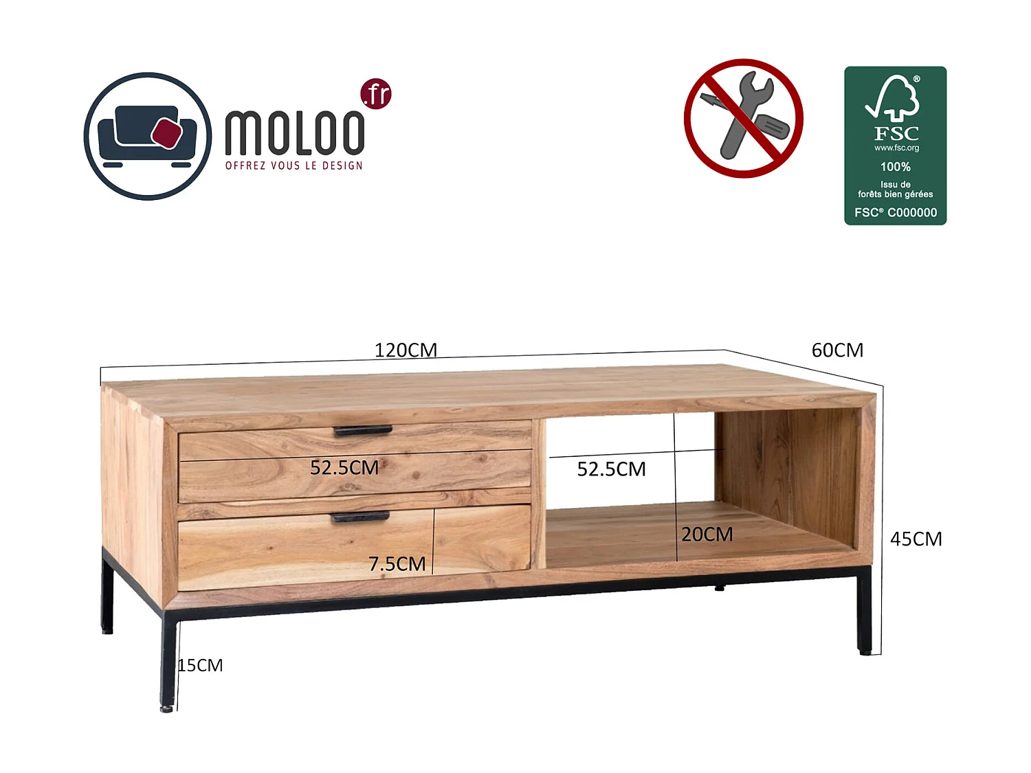 URBAN-Table basse 2 tiroirs en bois massif