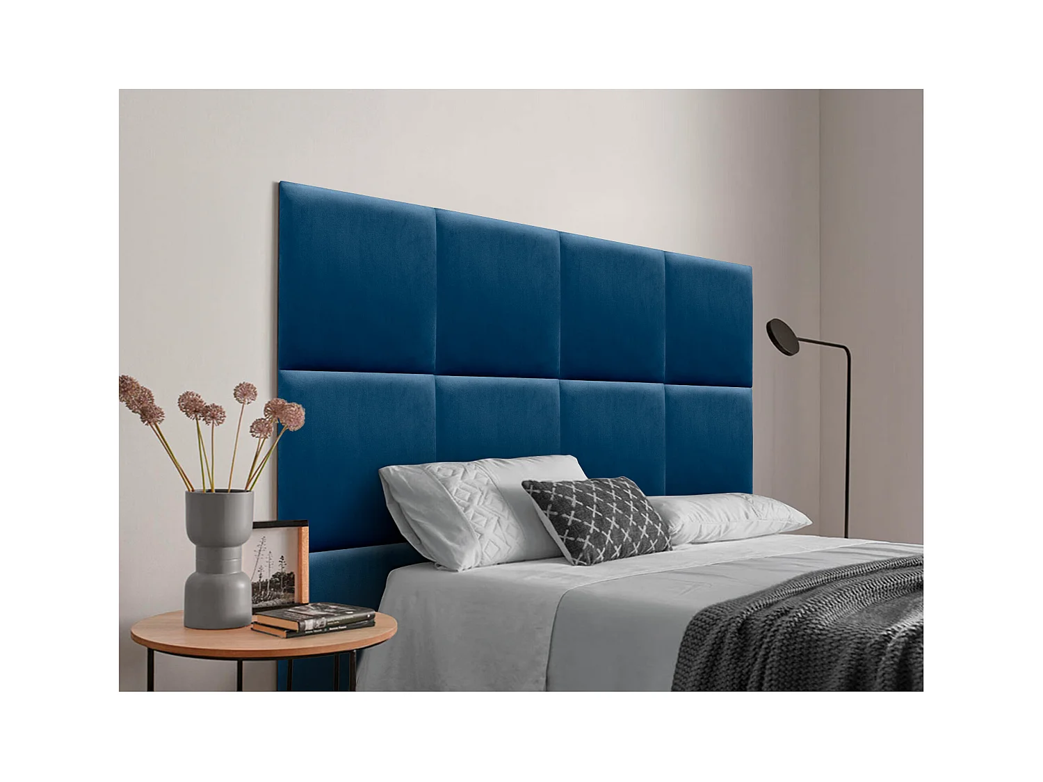 DHOME Tête delit Tapissée en velours de qualité supérieure composée de panneaux autocollants interchangeables pour chambre  (bleu, 95 cm)