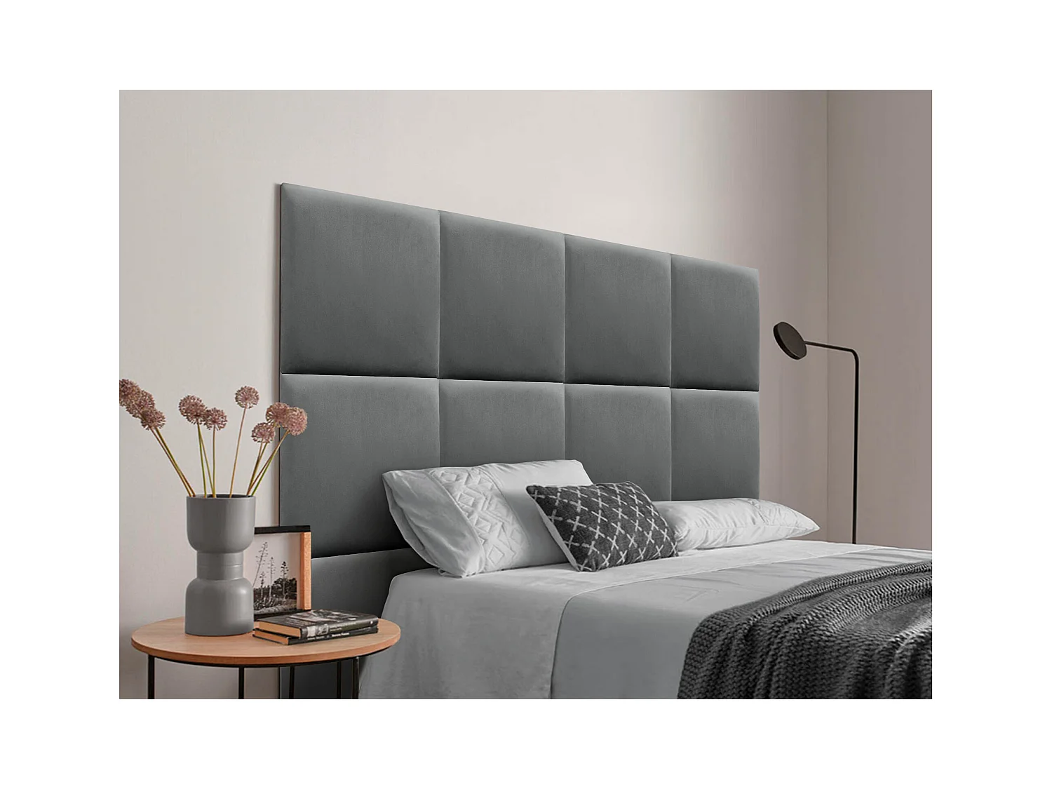 DHOME Premium-Samt-gepolstertes Kopfteil, bestehend aus austauschbaren selbstklebenden Paneelen, luxuriöses gepolstertes Schlafzimmer (Aschgrau, 220 cm)