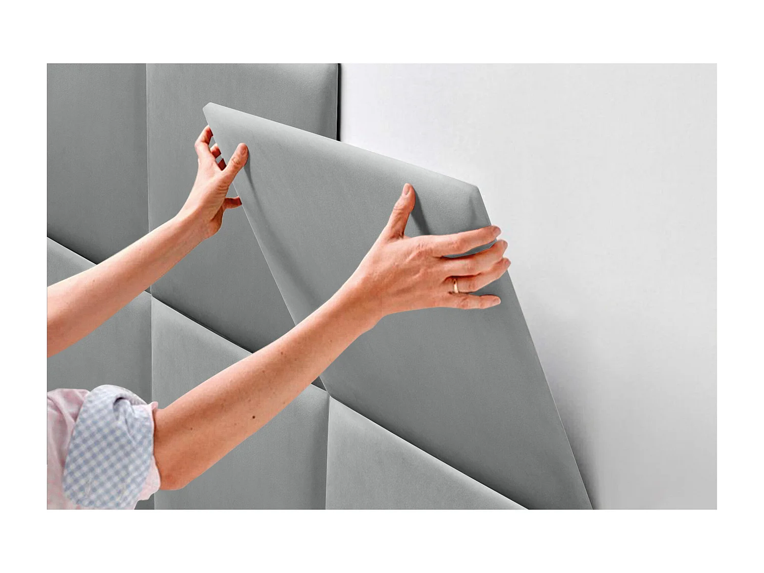 DHOME Premium-Samt-gepolstertes Kopfteil, bestehend aus austauschbaren selbstklebenden Paneelen, luxuriöses gepolstertes Schlafzimmer (Hellgrau, 190 cm)