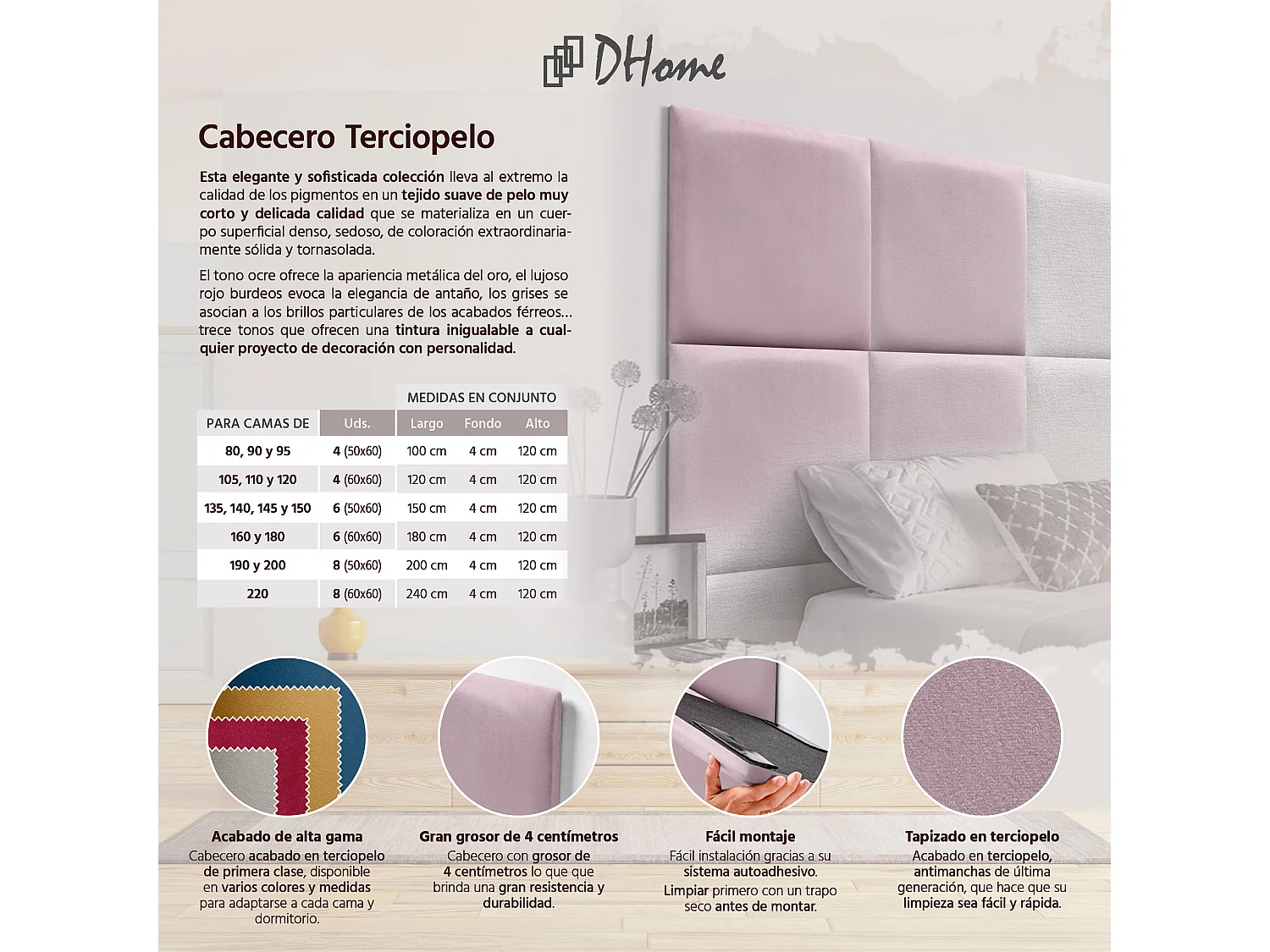 DHOME Testiera imbottita in velluto premium composta da pannelli autoadesivi intercambiabili Camera da  letto di lusso (Salmone, 180 cm)