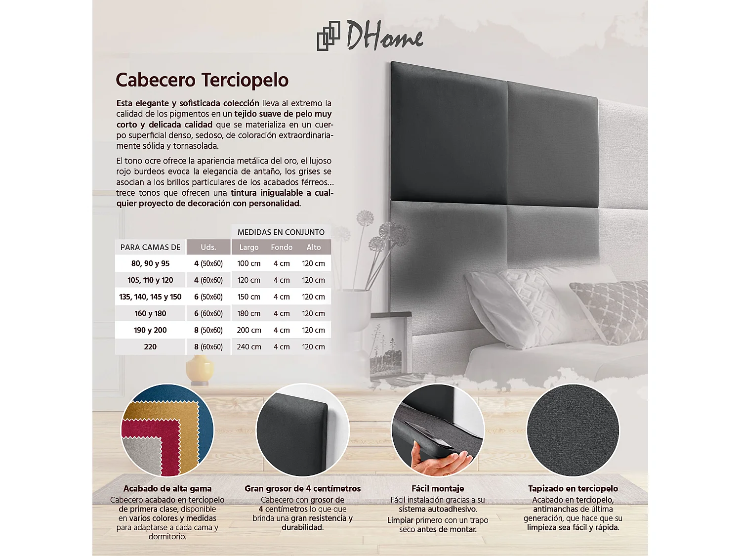 DHOME Tête delit Tapissée en velours de qualité supérieure composée de panneaux autocollants interchangeables pour chambre  (gris foncé, 135 cm)