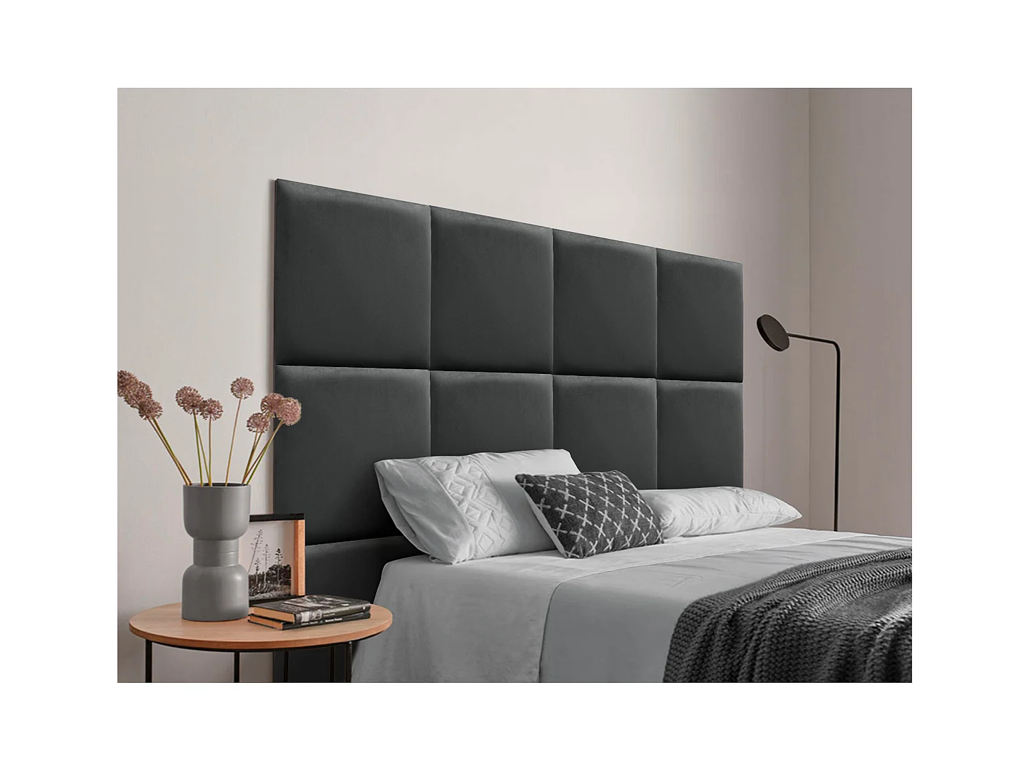 DHOME Premium-Samt-gepolstertes Kopfteil, bestehend aus austauschbaren selbstklebenden Paneelen, luxuriöses gepolstertes Schlafzimmer (Dunkelgrau, 135 cm)
