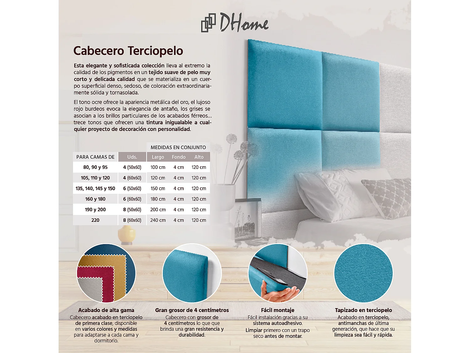 DHOME Tête de lit tapissée en velours de qualité supérieure composée de panneaux autocollants interchangeables pour chambre  (bleu clair, 180 cm)