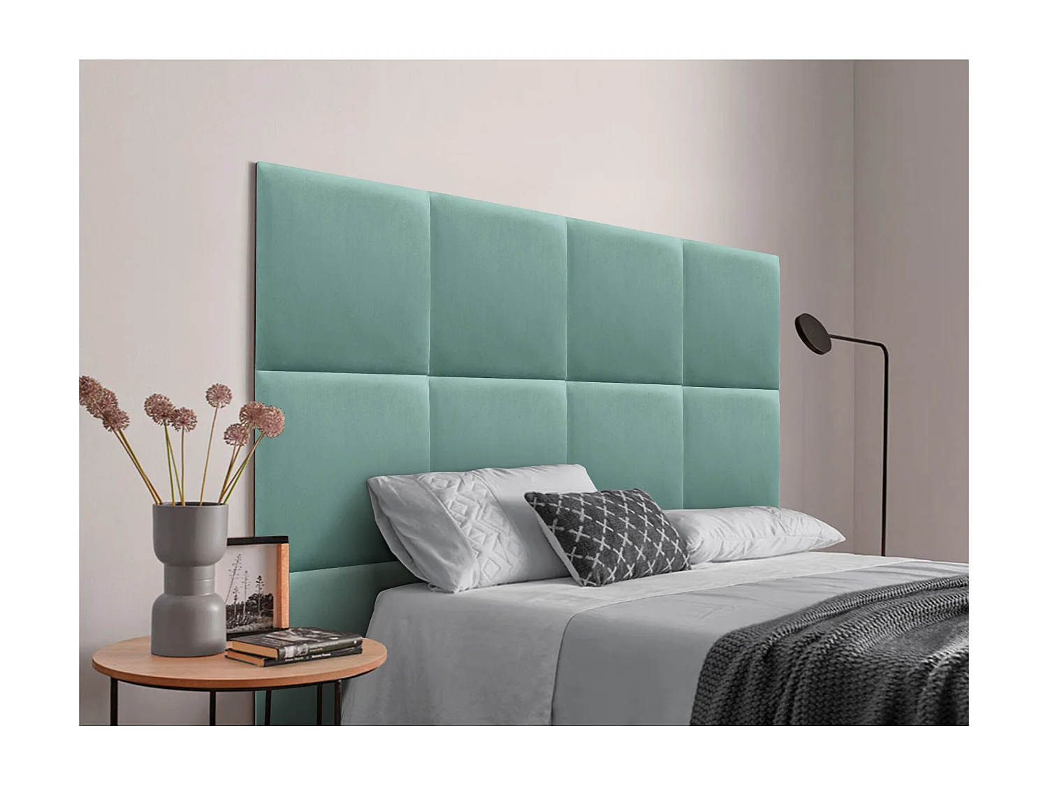 DHOME Premium fluwelen gestoffeerd hoofdeinde samengesteld uit verwisselbare zelfklevende panelen Luxe slaapkamer opgevuld (Turquoise, 145cm)