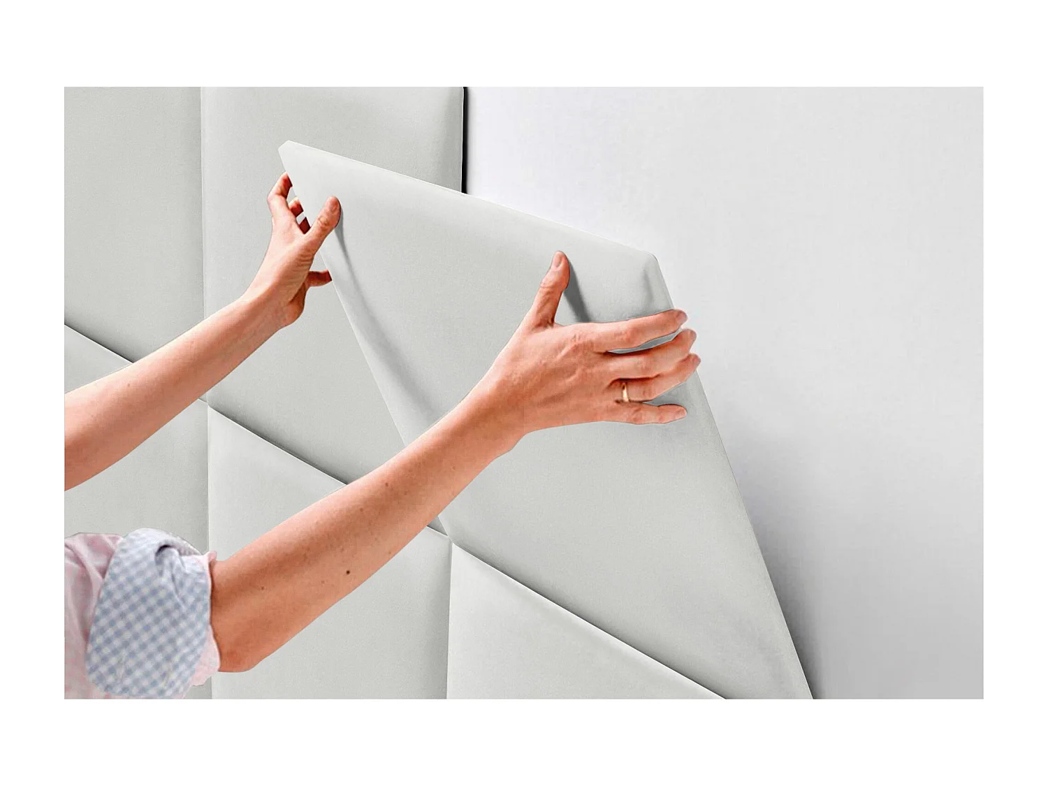 DHOME Premium-Samt-gepolstertes Kopfteil, bestehend aus austauschbaren selbstklebenden Paneelen, luxuriöses gepolstertes Schlafzimmer (weiß, 95 cm)