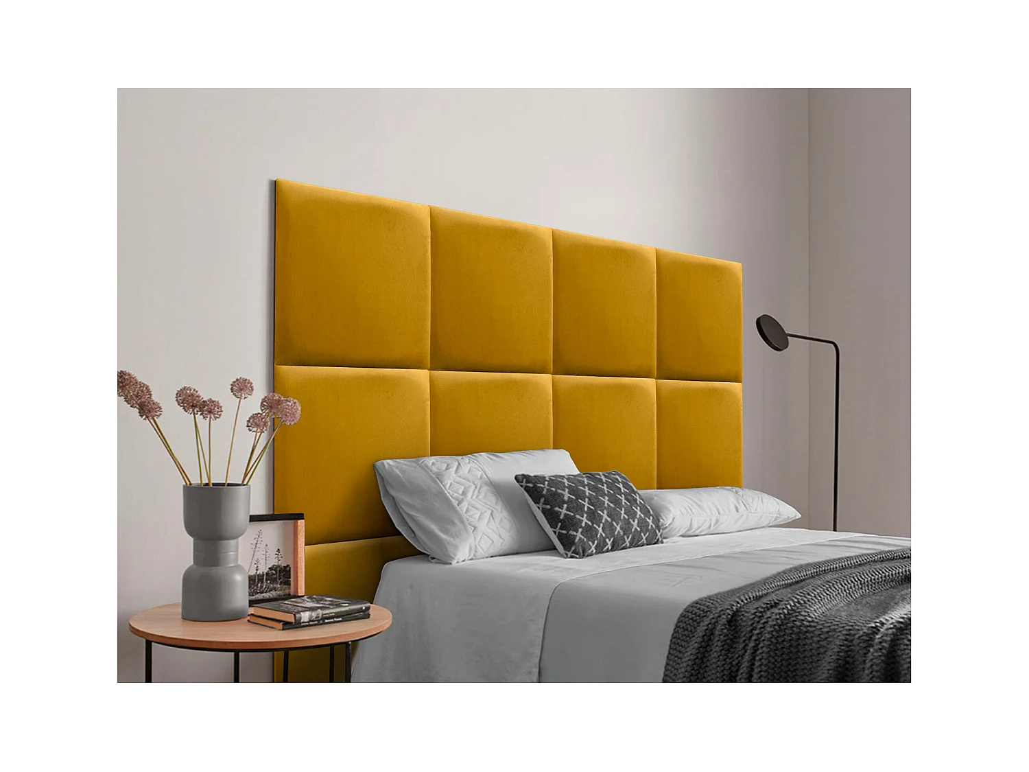 DHOME Tête delit Tapissée en velours de qualité supérieure composée de panneaux autocollants interchangeables pour chambre  (moutarde, 190 cm)