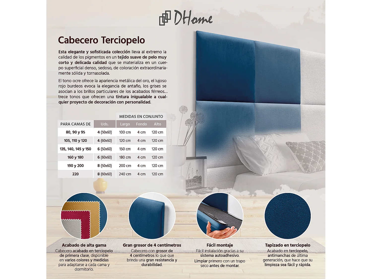 DHOME Premium-Samt-gepolstertes Kopfteil, bestehend aus austauschbaren selbstklebenden Paneelen, luxuriöses gepolstertes Schlafzimmer (blau, 90 cm)