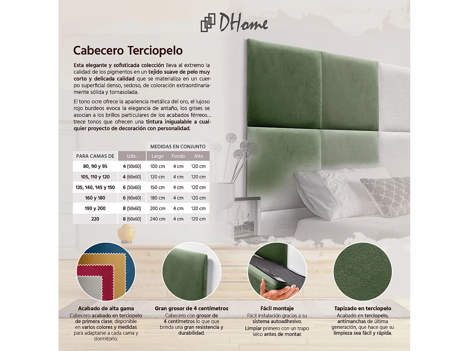 DHOME Tête de lit tapissée en velours de qualité supérieure composée de panneaux autocollants interchangeables pour chambre  (vert jungle, 190 cm)