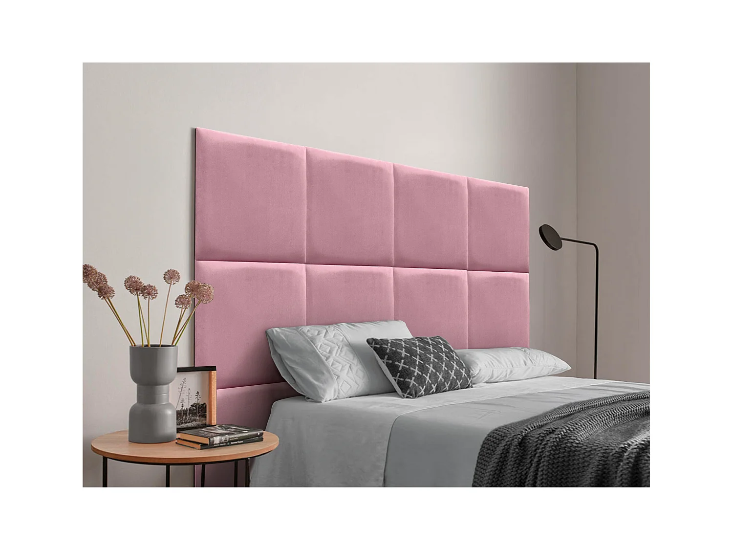 DHOME Premium-Samt-gepolstertes Kopfteil, bestehend aus austauschbaren selbstklebenden Paneelen, luxuriöses Schlafzimmer gepolstert (Pink, 90 cm)