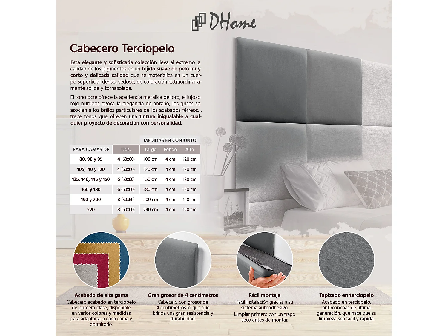 DHOME Cabeceira estofada de veludo premium  composta por painéis autoadesivos intercambiáveis ​​Quarto de luxo acolchoado (cinza cinza, 80 cm)