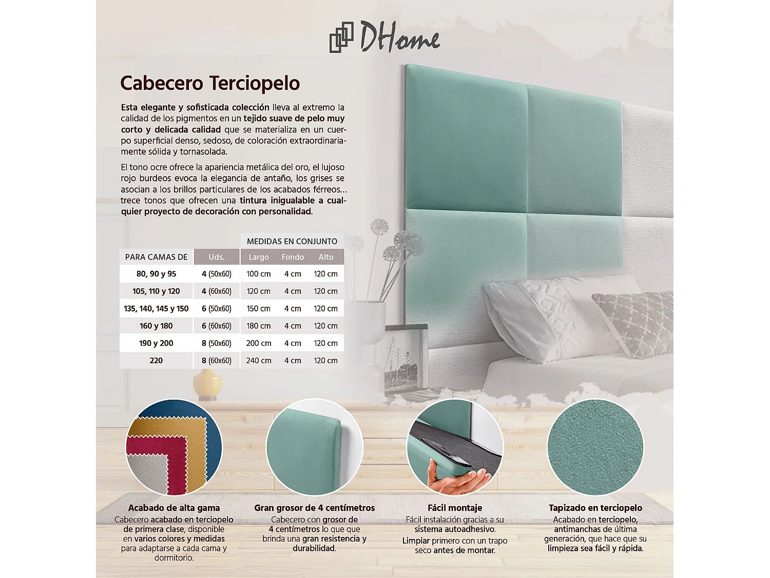 DHOME Premium fluwelen gestoffeerd hoofdeinde samengesteld uit verwisselbare zelfklevende panelen Luxe slaapkamer opgevuld (Turquoise, 105cm)