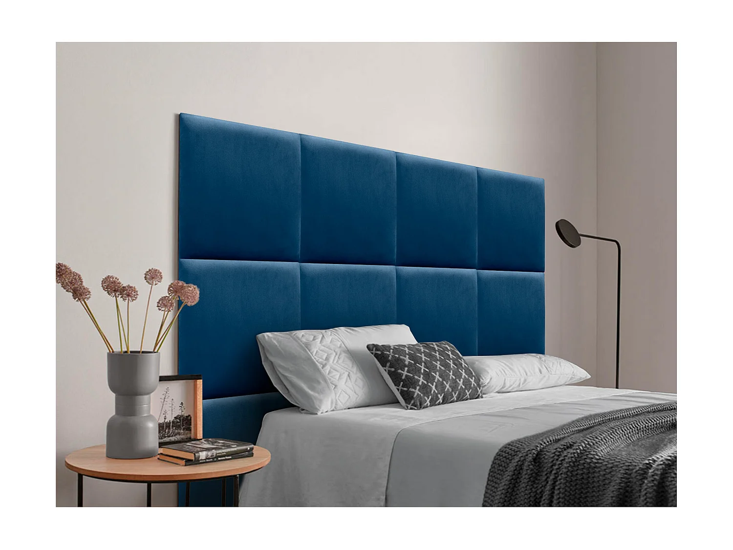 DHOME Premium-Samt-gepolstertes Kopfteil, bestehend aus austauschbaren, selbstklebenden Paneelen, luxuriöses Schlafzimmer, gepolstert (blau, 200 cm)