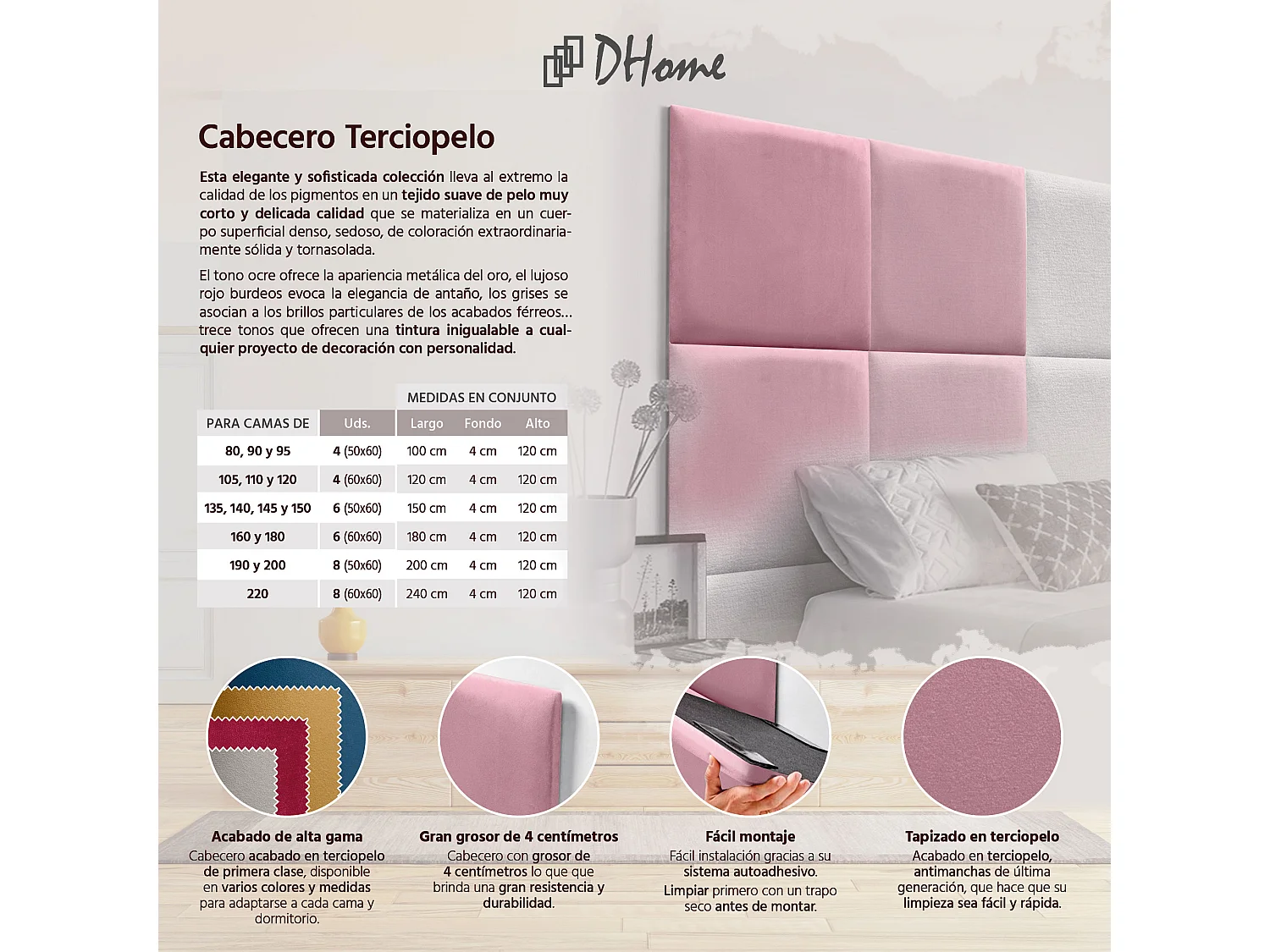 DHOME Tête delit Tapissée en velours de qualité supérieure composée de panneaux autocollants interchangeables pour chambre  (rose, 105 cm)