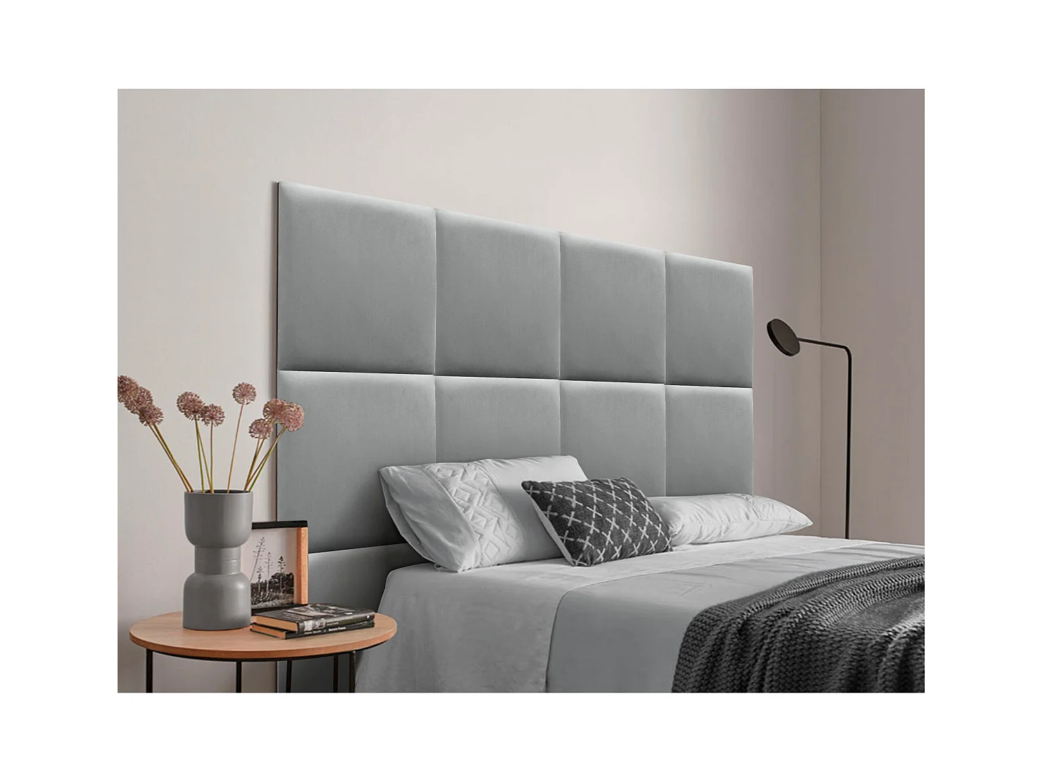 DHOME Premium-Samt-gepolstertes Kopfteil, bestehend aus austauschbaren selbstklebenden Paneelen, luxuriöses gepolstertes Schlafzimmer (Hellgrau, 90 cm)