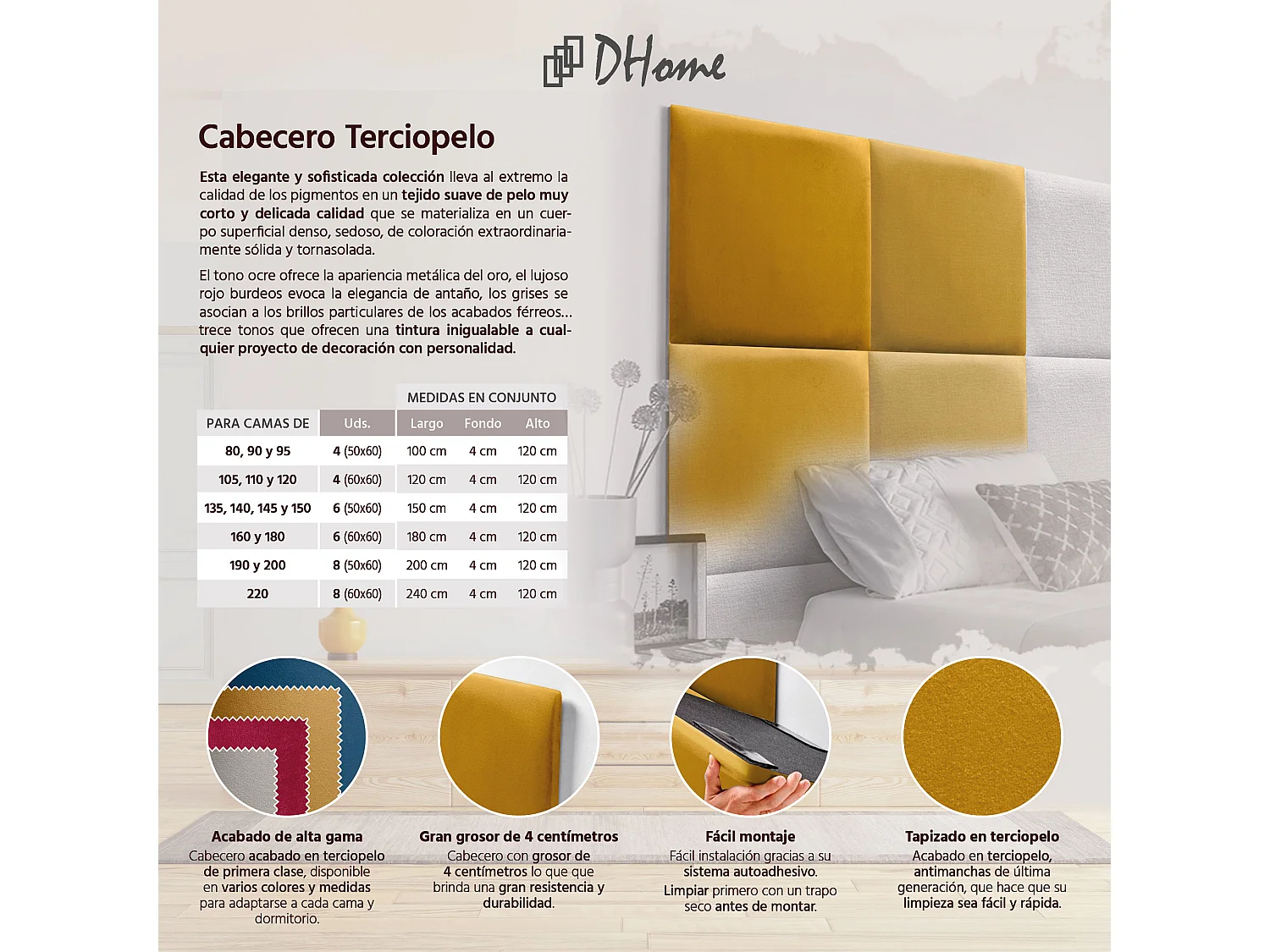 DHOME Tête delit Tapissée en velours de qualité supérieure composée de panneaux autocollants interchangeables pour chambre  (moutarde, 180 cm)