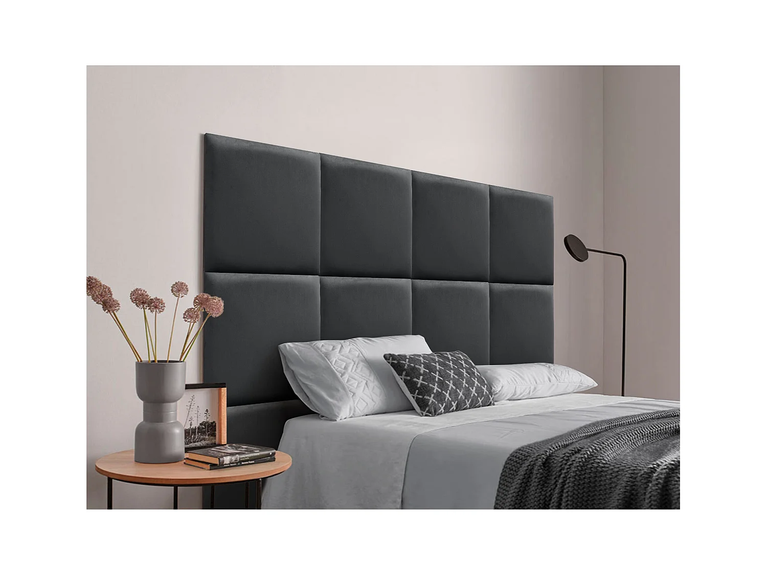 DHOME Premium-Samt-gepolstertes Kopfteil, bestehend aus austauschbaren selbstklebenden Paneelen, luxuriöses gepolstertes Schlafzimmer (Dunkelgrau, 200 cm)