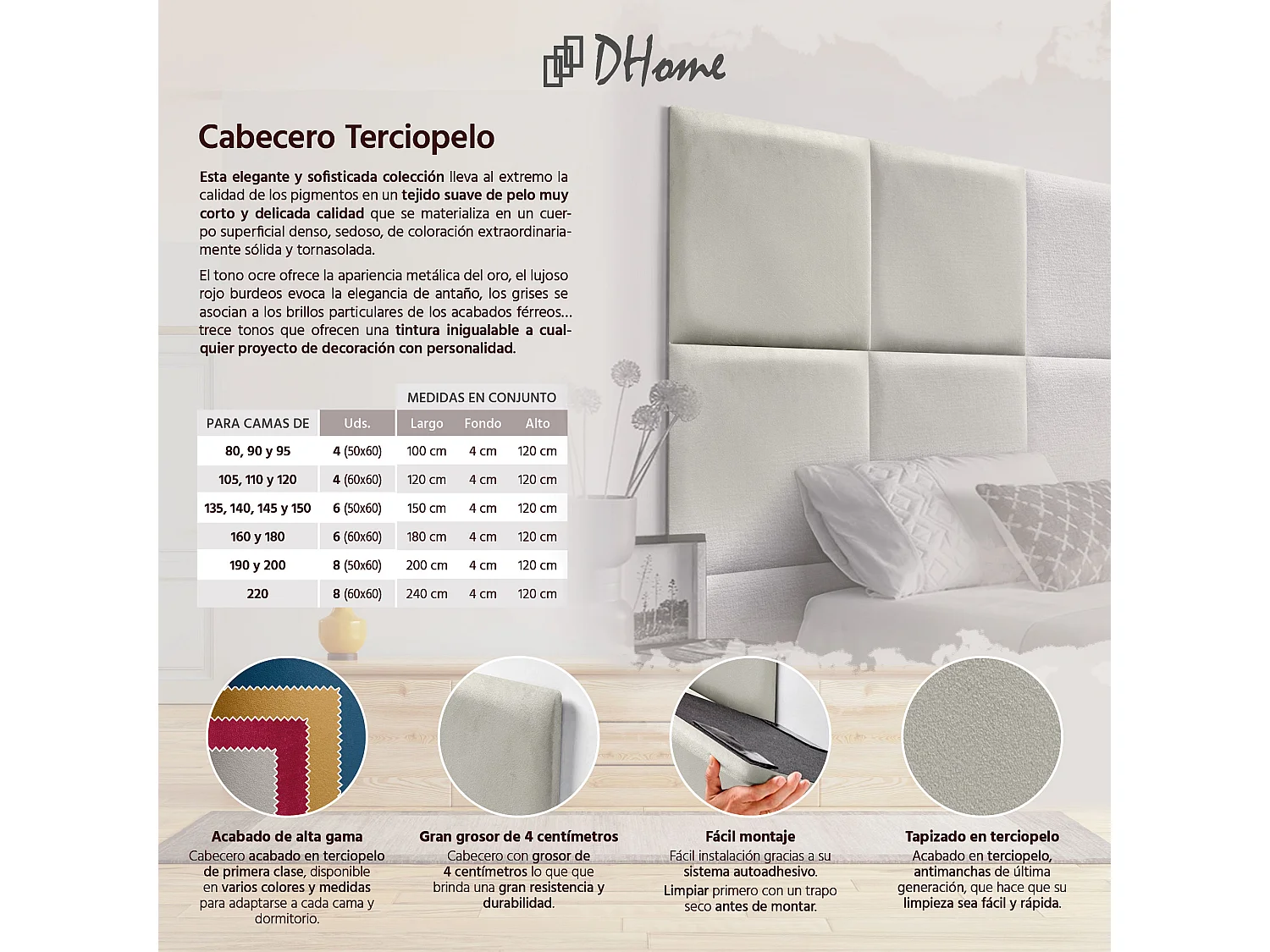 DHOME Premium-Samt-gepolstertes Kopfteil, bestehend aus austauschbaren selbstklebenden Paneelen, luxuriöses, gepolstertes Schlafzimmer (Beige, 180 cm)