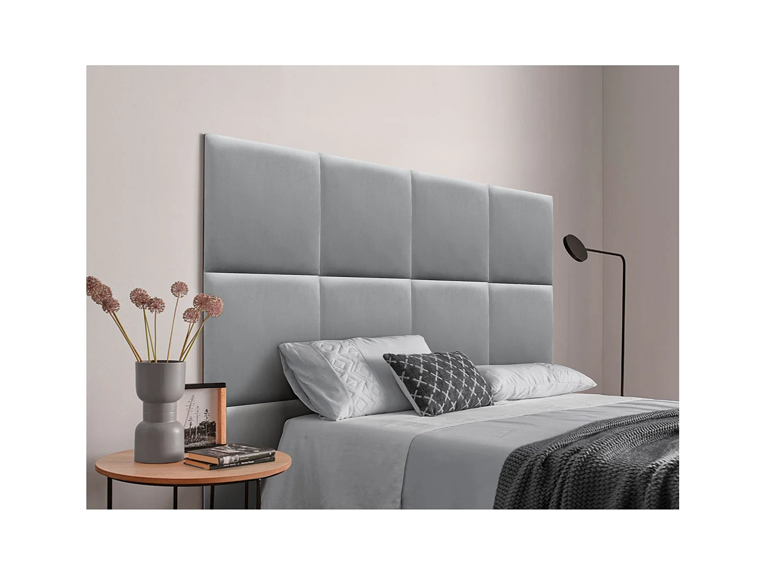 DHOME Premium-Samt-gepolstertes Kopfteil, bestehend aus austauschbaren selbstklebenden Paneelen, luxuriöses gepolstertes Schlafzimmer (Hellgrau, 200 cm)
