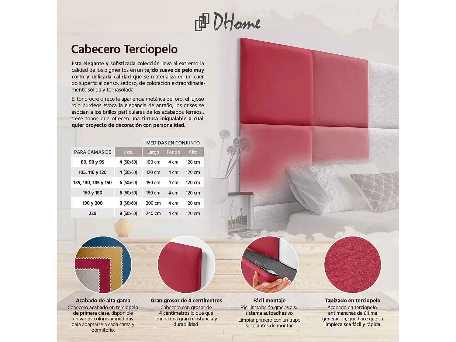 DHOME Premium fluwelen gestoffeerd hoofdeinde samengesteld uit verwisselbare zelfklevende panelen Luxe slaapkamer opgevuld (rood, 150cm)