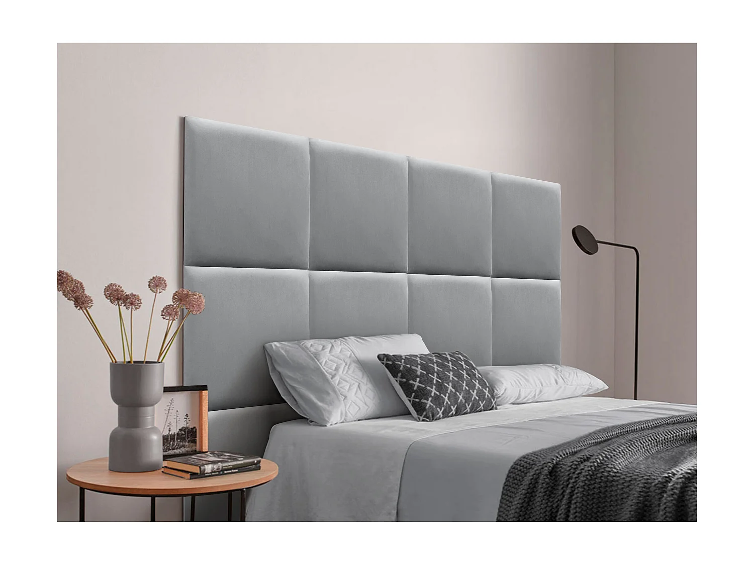 DHOME Tête delit Tapissée en velours de qualité supérieure composée de panneaux autocollants interchangeables pour chambre  (gris clair, 180 cm)
