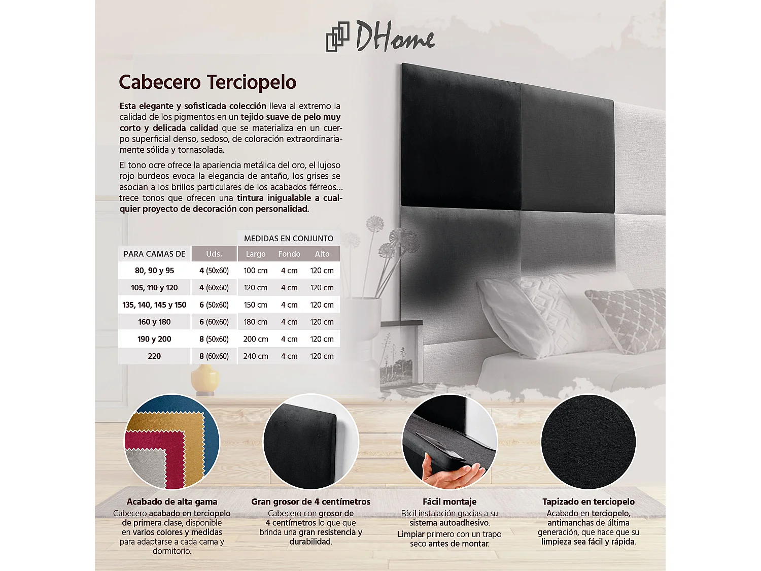 DHOME Premium fluwelen gestoffeerd hoofdeinde samengesteld uit verwisselbare zelfklevende panelen Luxe slaapkamer opgevuld (zwart, 80cm)