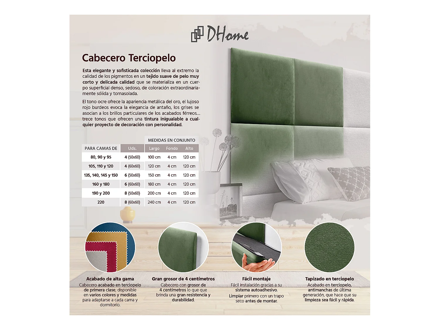 DHOME Premium fluwelen gestoffeerd hoofdeinde samengesteld uit verwisselbare zelfklevende panelen Luxe slaapkamer opgevuld (Jungle Green, 110cm)